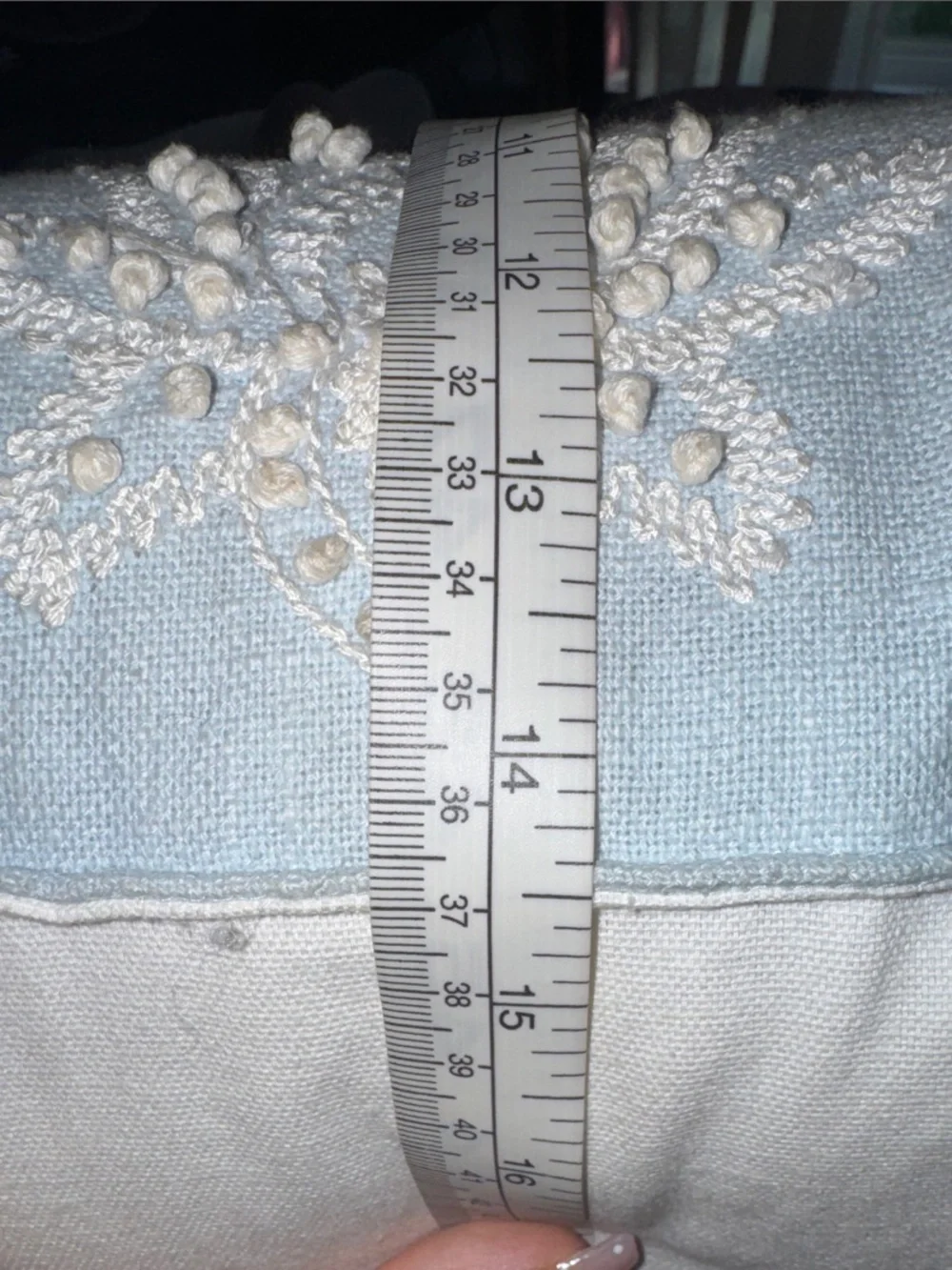 Embroidered Light Blue Accent Pillow with Ivory Appliqué